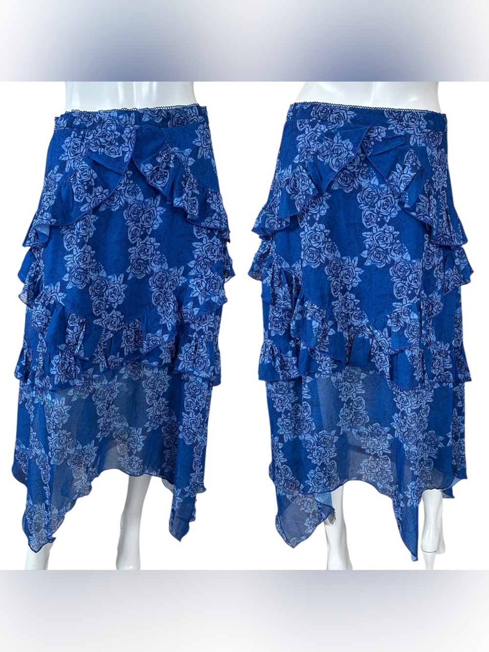 Grateful Dead x Section 119 Stealie Roses Blue Tiered Ruffled Midi Skirt Medium
